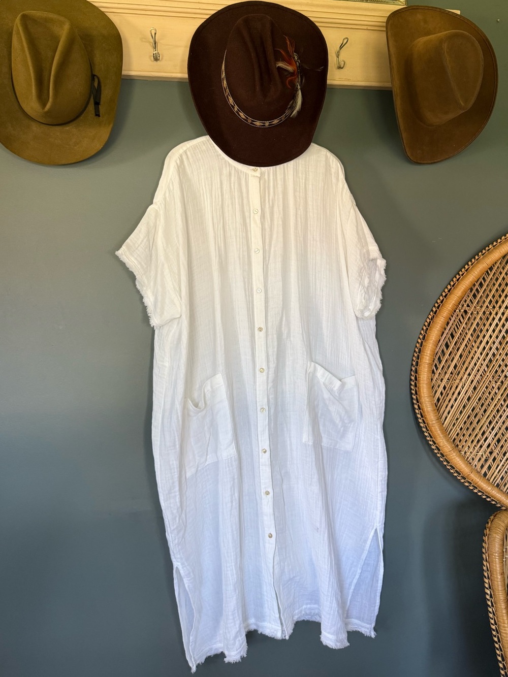 Eileen Fisher White organic cotton short sleeve button down dress cover up